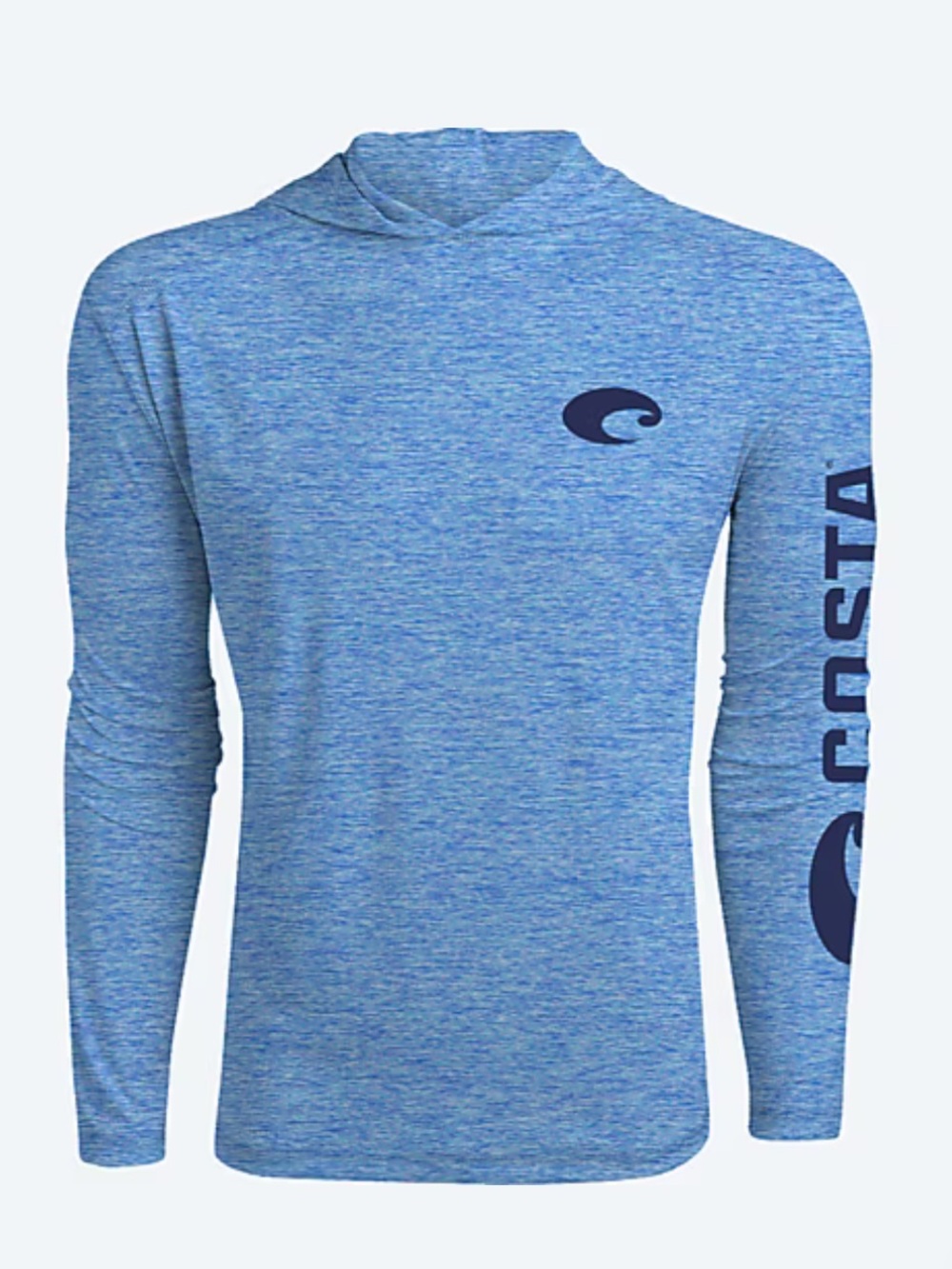 Costa Heathered Blue Hooded Performance Shirt with Logo Sleeve size M - Picture 7 of 10